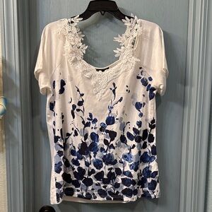 Floral Lace Trim White and Blue Women's Top